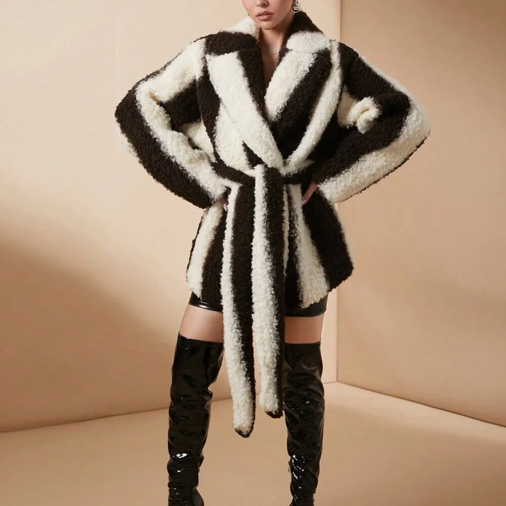 Black And White Casual Women's Colorblock Luxurious Long Sleeve Fluffy Coat - Picture 4 of 8